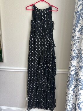 Sleeveless Black Maxi Dress with Gold Dot Print and Ruffle Detail